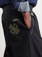 BODE - Lucky Draw Straight-Leg Pleated Embroidered Cotton-Twill Trousers - Black
