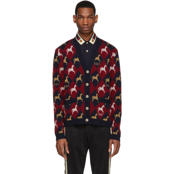 Photo: Gucci Red and Navy Jacquard Equestrian Cardigan