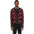 Gucci Red and Navy Jacquard Equestrian Cardigan