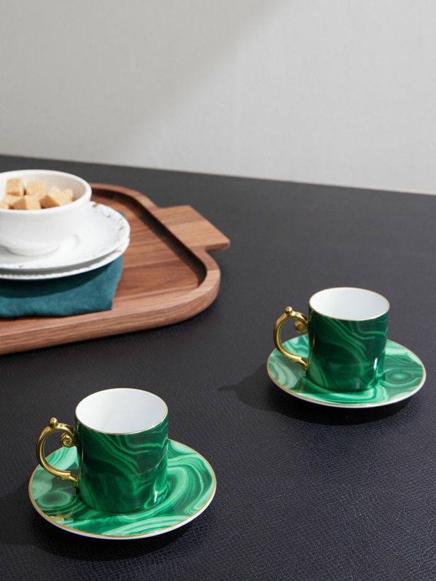 Photo: L'Objet - Malachite Set of Two Gold-Plated Porcelain Espresso Cups and Saucers