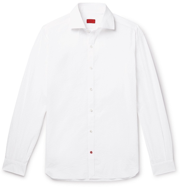 Photo: Isaia - Slim-Fit Cutaway-Collar Cotton-Seersucker Shirt - White