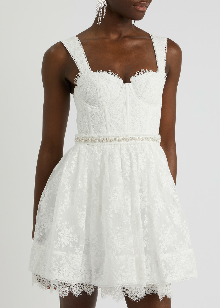 Alice + Olivia Hope Embellished Lace Mini Dress Off White