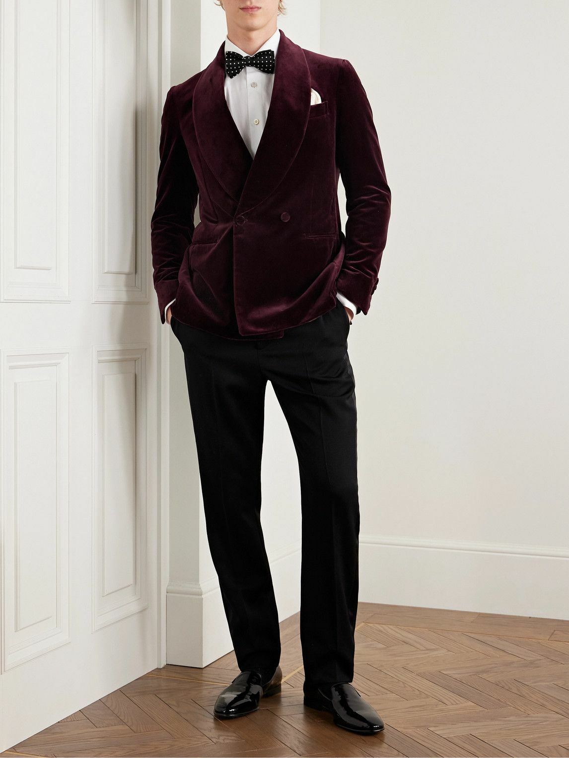 De Petrillo - Slim-Fit Shawl-Lapel Double-Breasted Cotton-Velvet Tuxedo Jacket - Burgundy