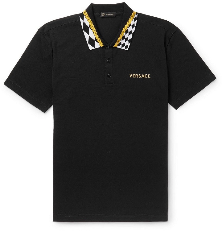 Photo: Versace - Contrast-Tipped Embroidered Cotton-Piqué Polo Shirt - Black