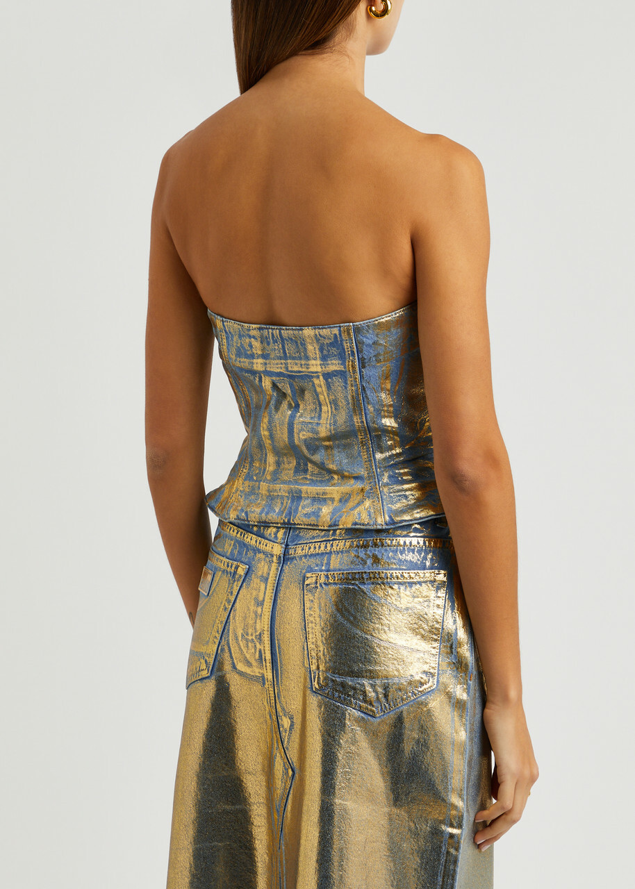 Ganni Foil-print Strapless Denim top Gold GANNI