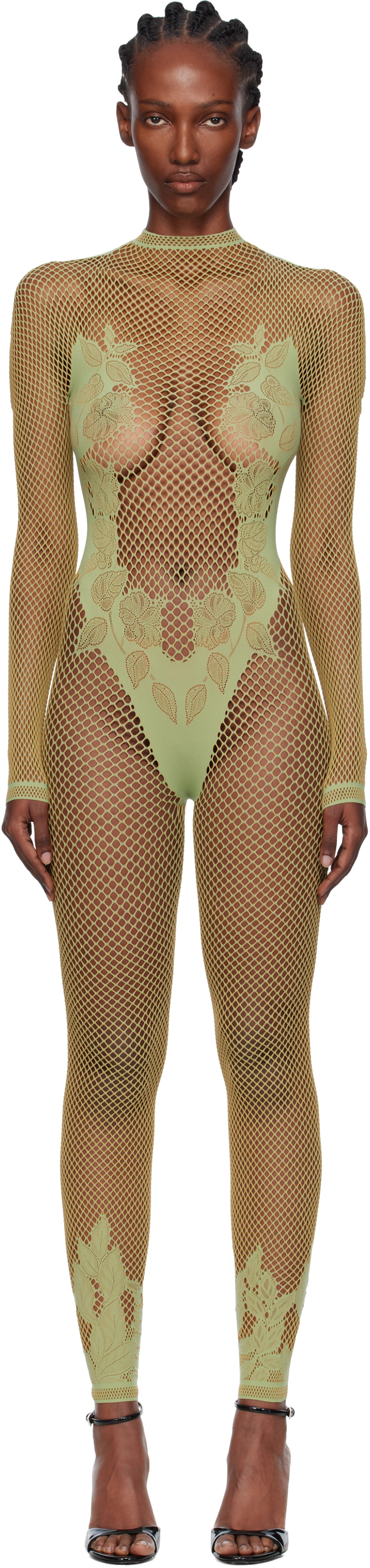 Poster Girl Green Leaves Fishnet Capri Jumpsuit