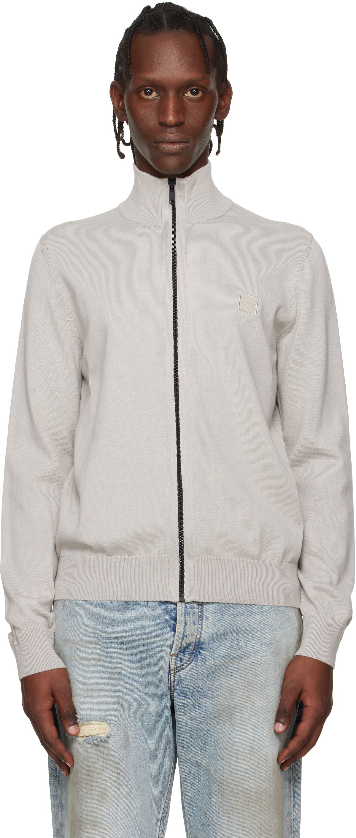 BOSS Gray Cotton Cashmere Knitted Logo Patch Sweatshirt