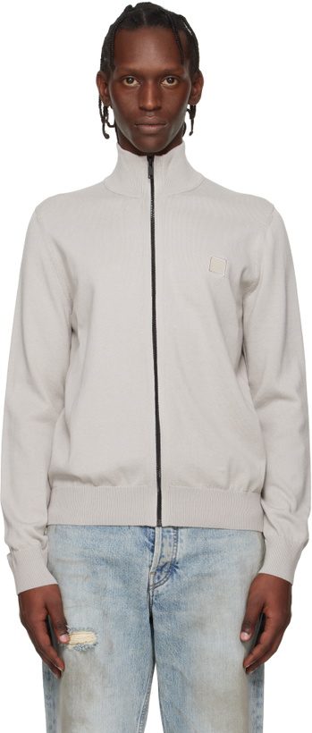 Photo: BOSS Gray Cotton Cashmere Knitted Logo Patch Sweatshirt