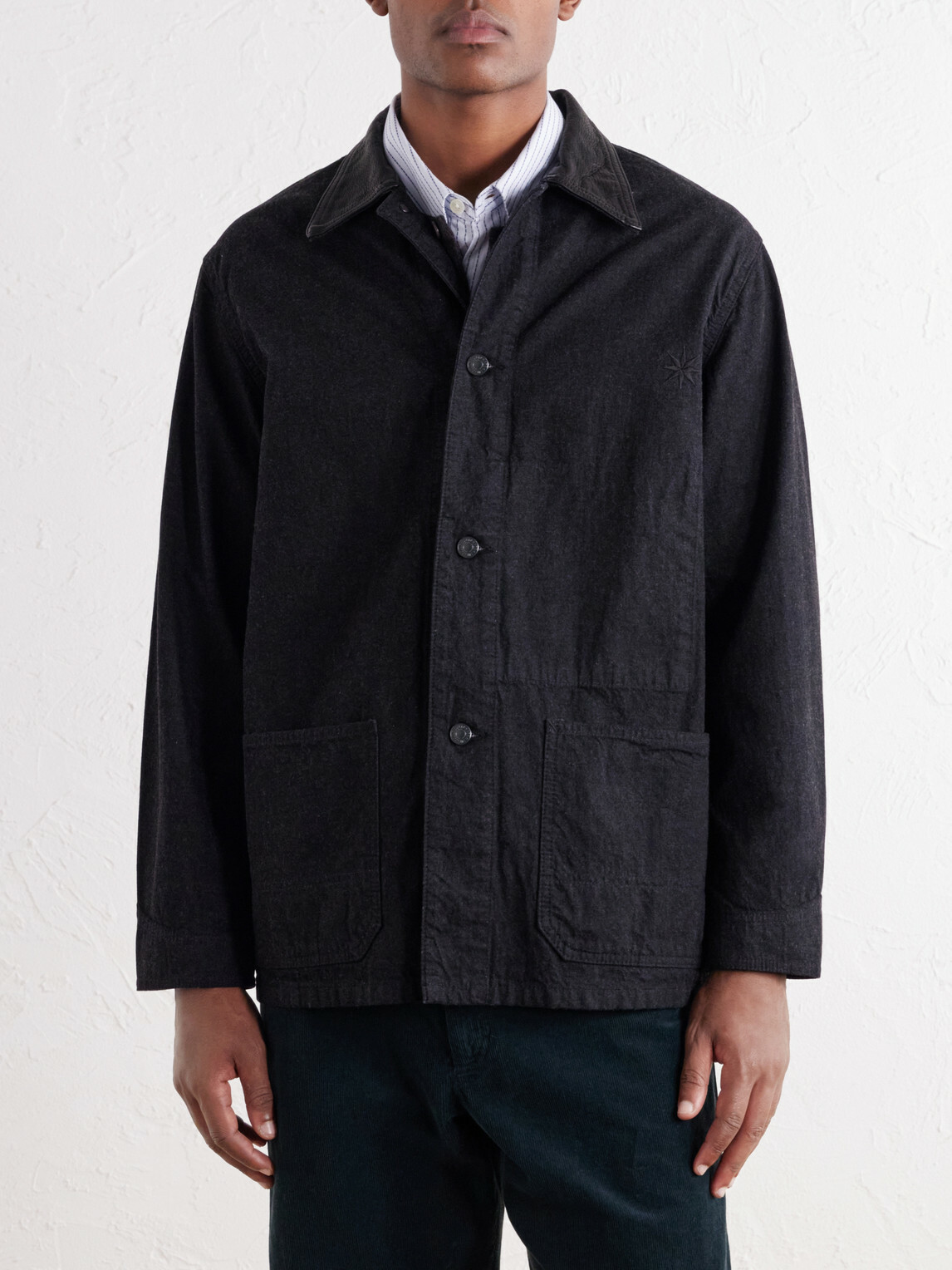 FULLCOUNT - Leather-Trimmed Denim Jacket - Black