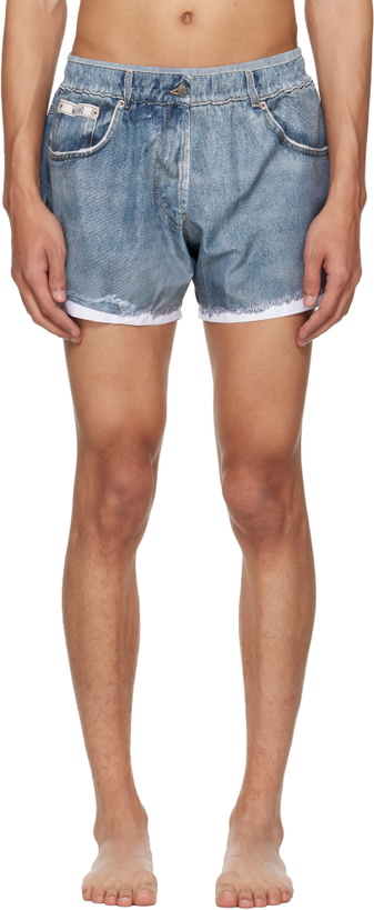 Photo: Moschino Blue Printed Nylon Swim Shorts