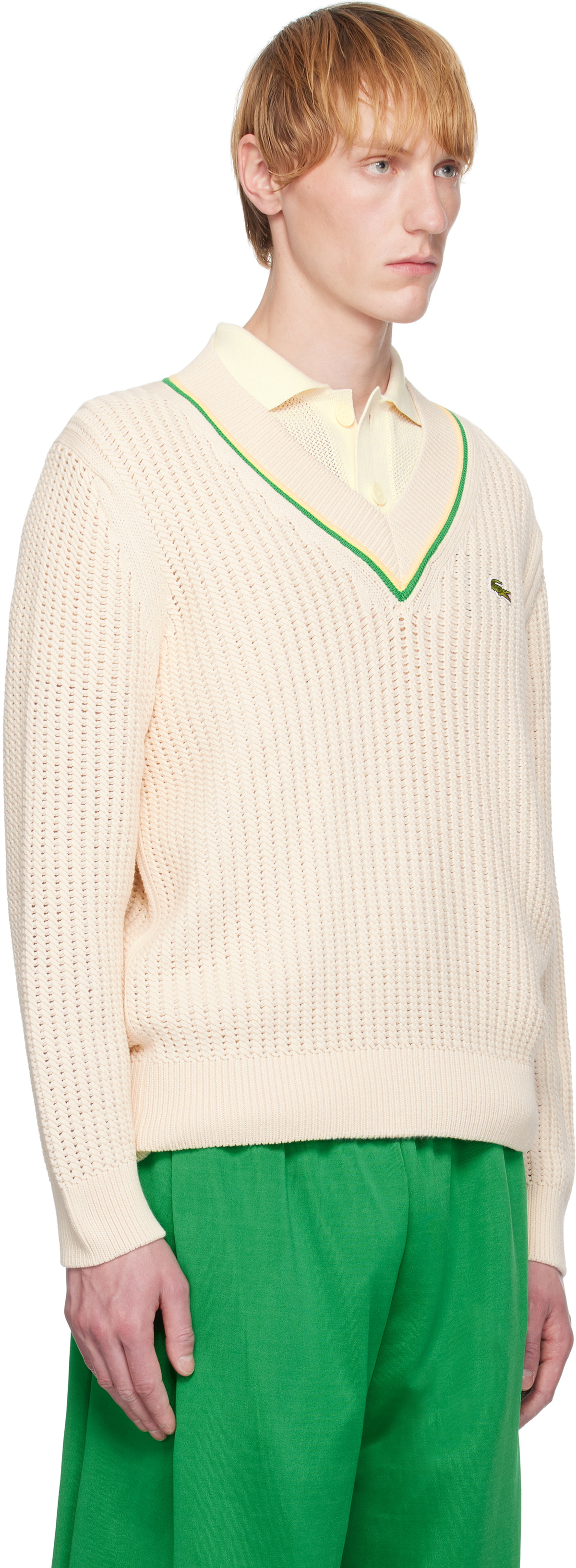 Lacoste Off-White V-Neck Striped Tennis Sweater Lacoste