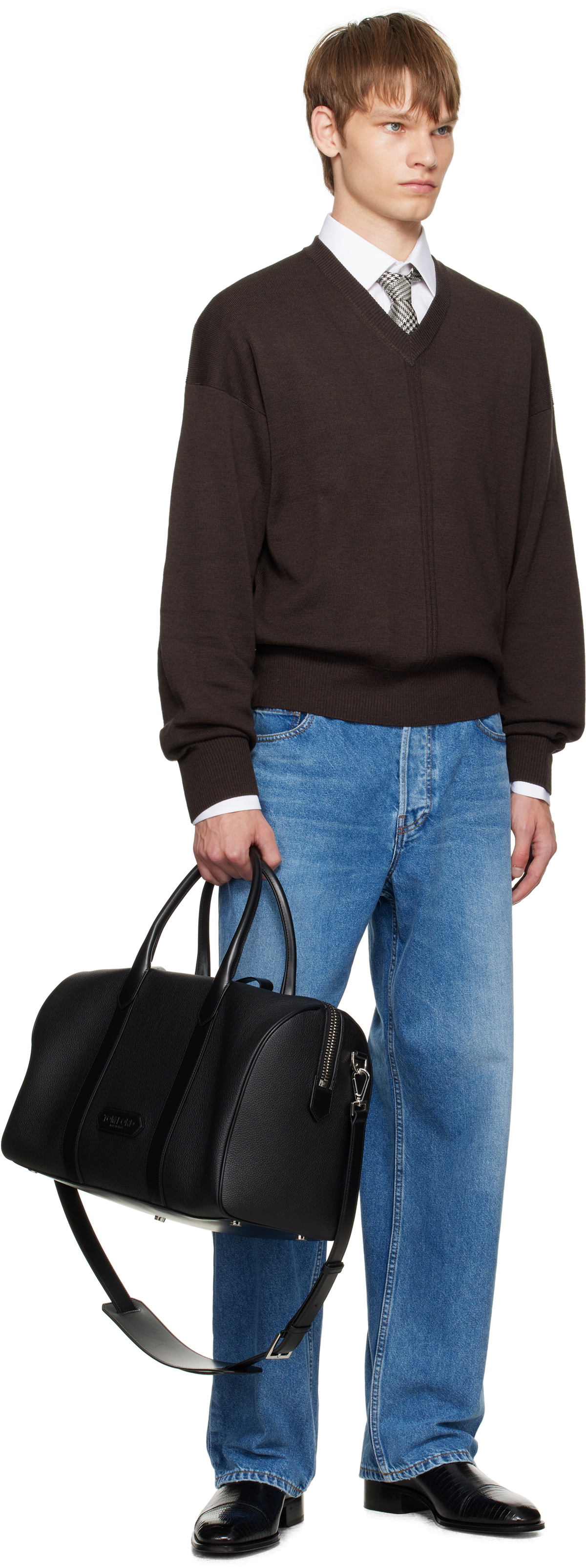 TOM FORD Black Soft Grain Leather Wide Medium Duffle Bag