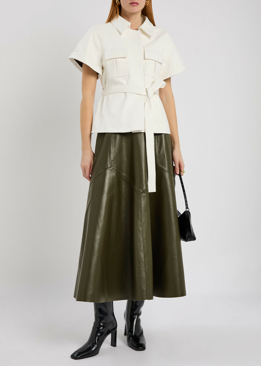 Skiim Max Panelled Leather Midi Skirt Khaki