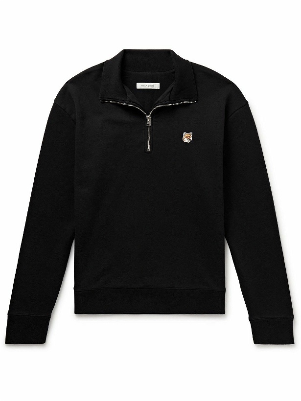 Photo: Maison Kitsuné - Logo-Appliquéd Cotton-Jersey Half-Zip Sweatshirt - Black