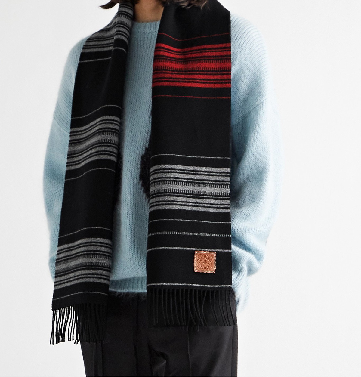 LOEWE Fringed printed wool, silk and cashmere-blend scarf