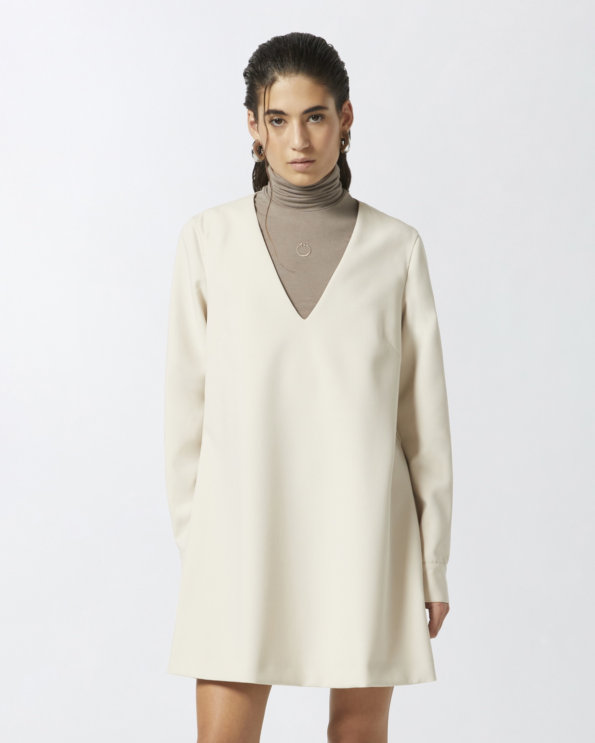 Pinko Technical Fabric V Neck Mini Dress Fog Beige