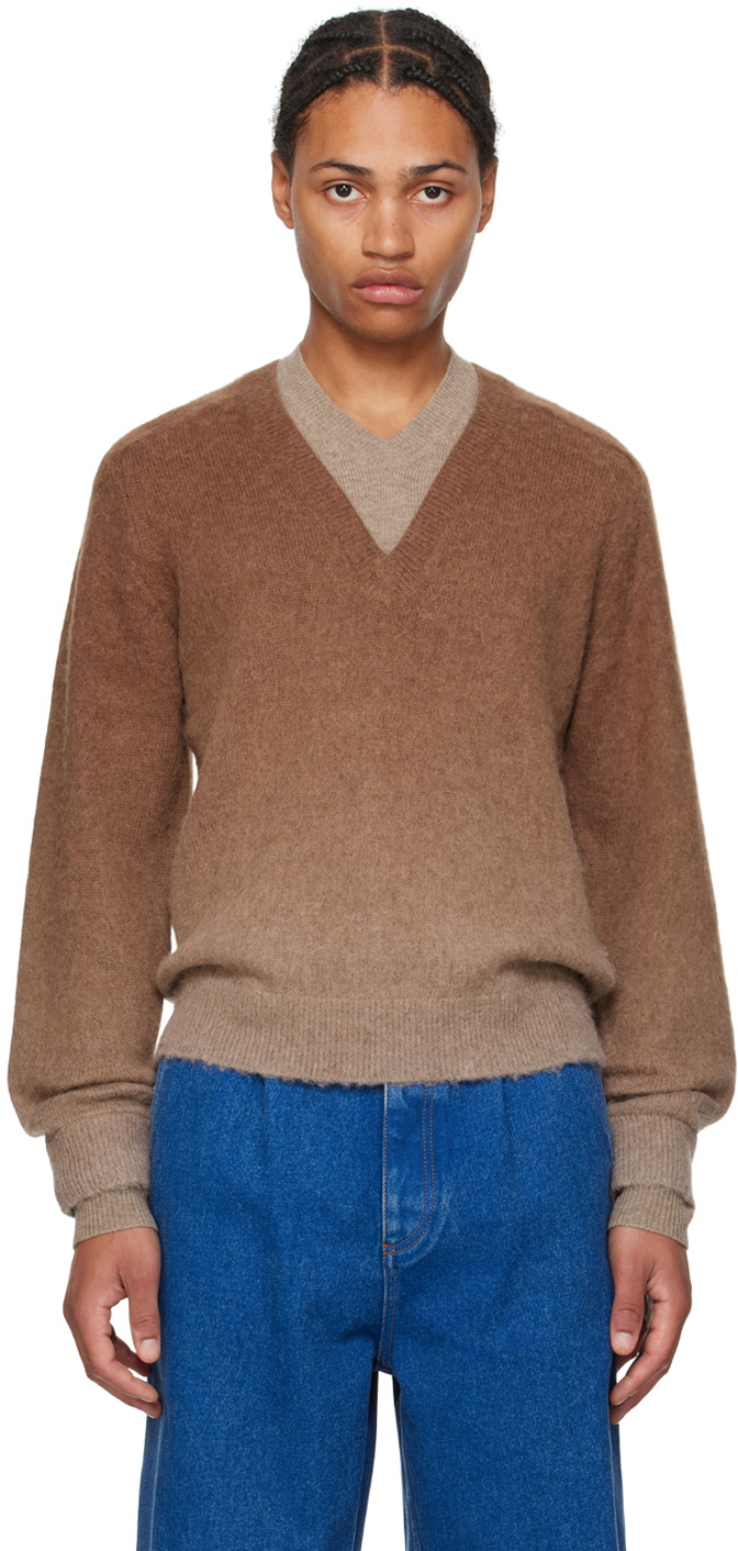 JW Anderson Men's Contrasting Layered Cardigan Brown