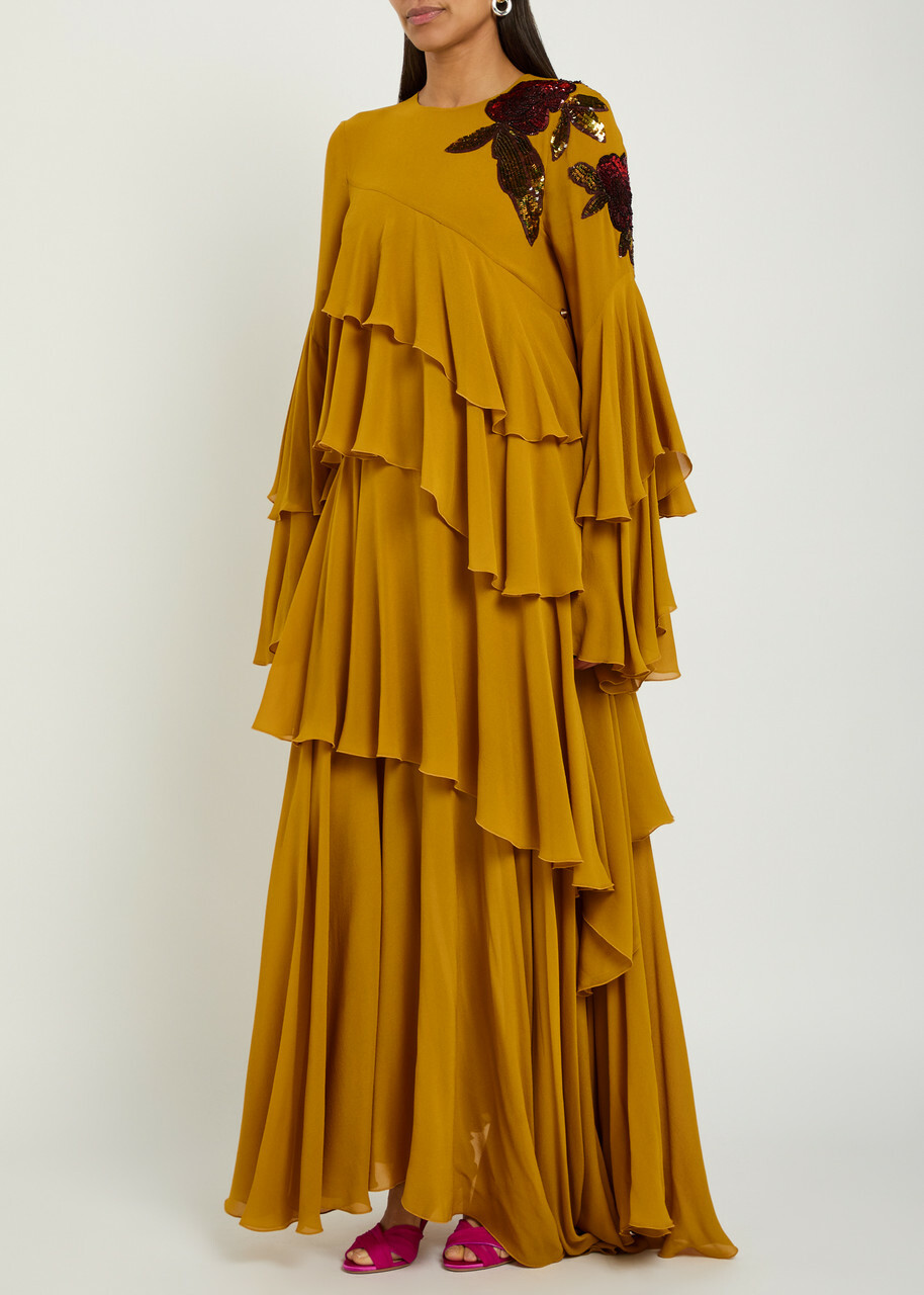 LA Double J Naiad Ruffled Embellished Silk-georgette Maxi Dress Yellow