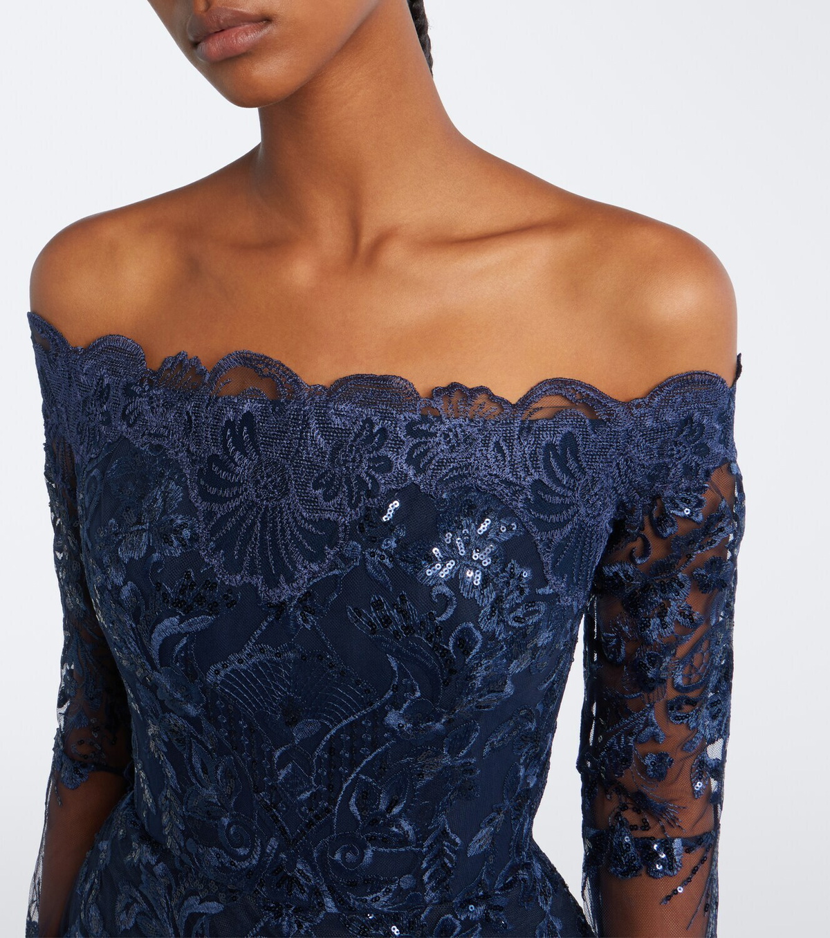 Elie Saab Sequined off-shoulder lace bustier gown