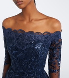 Elie Saab Sequined off-shoulder lace bustier gown