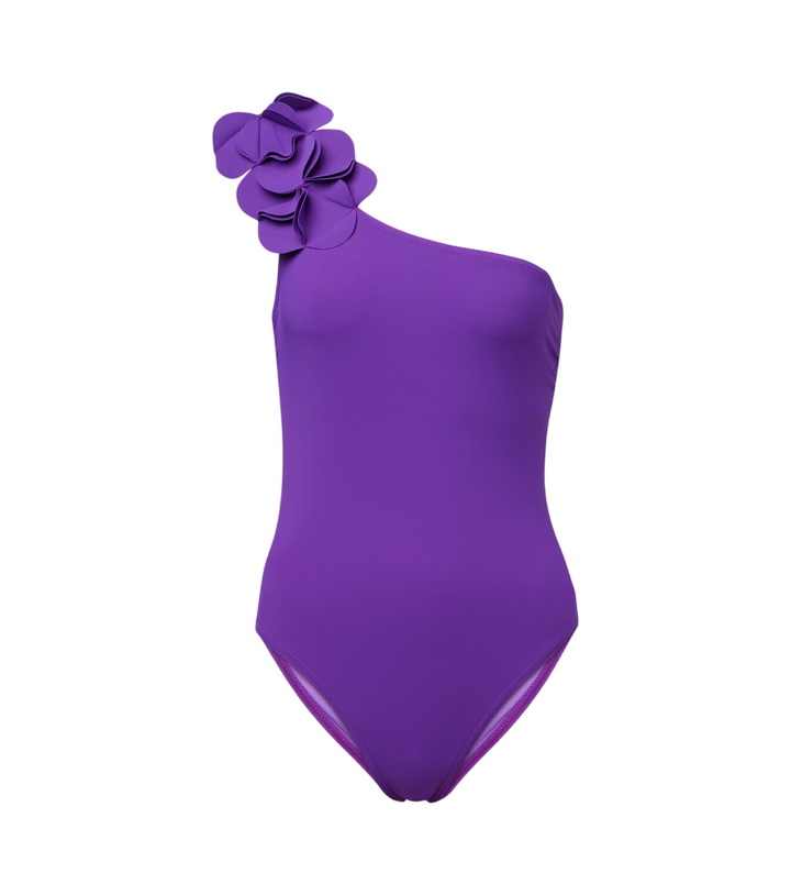 Photo: Karla Colletto Tess floral-appliqué one-shoulder swimsuit