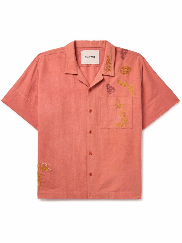 Photo: Story Mfg. - Greetings Logo-Embroidered Organic Cotton and Linen-Blend Shirt - Pink