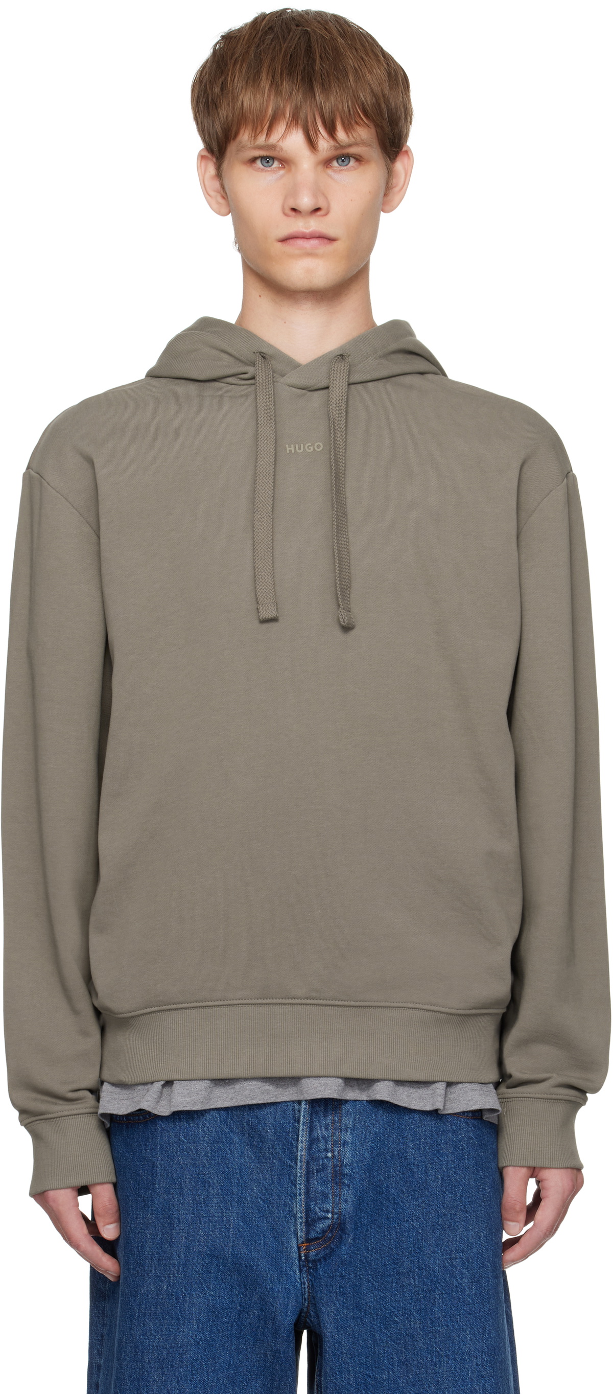 Hugo Taupe Cotton-Terry Relaxed-Fit Hoodie