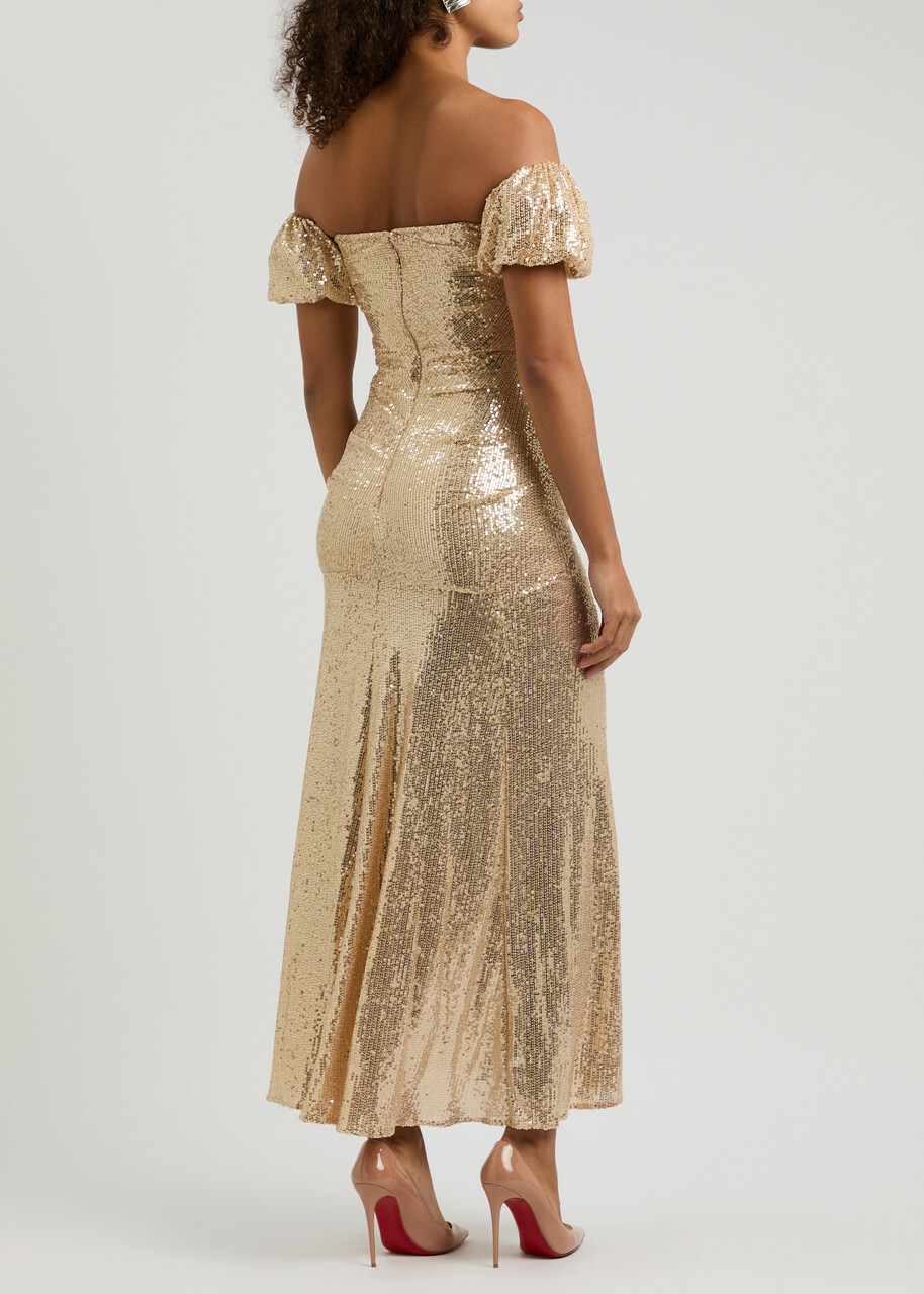 Needle & Thread Sunbeam Valentina Sequin-embellished Off-the-shoulder Tulle Gown  Gold Needle & Thread