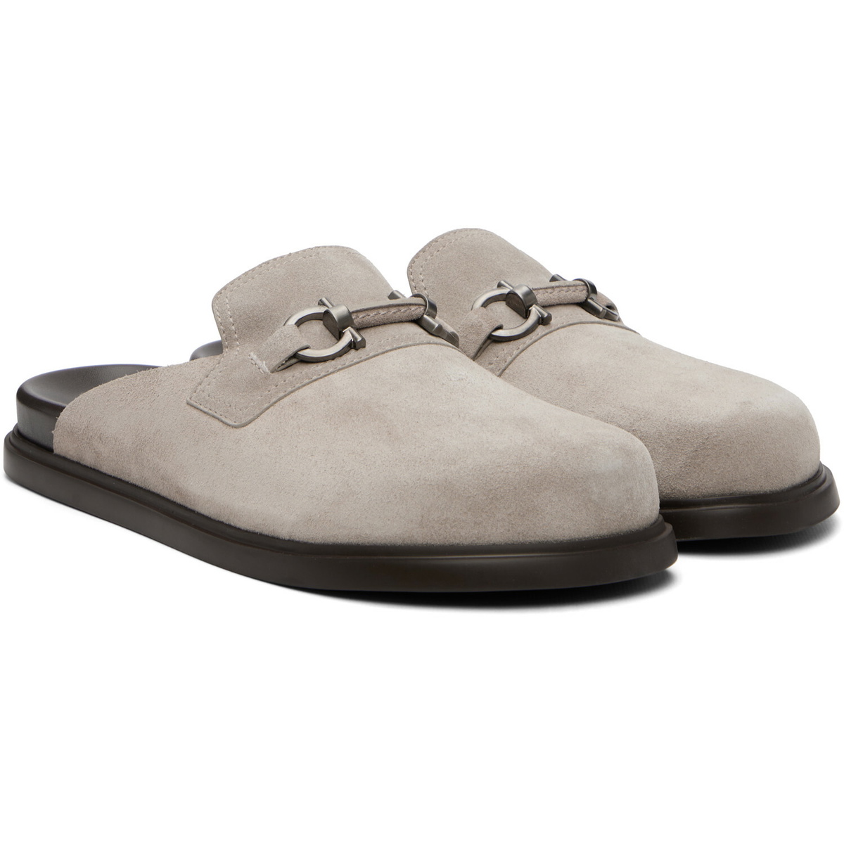 Ferragamo Gray Gancini Ornament Mule Loafers