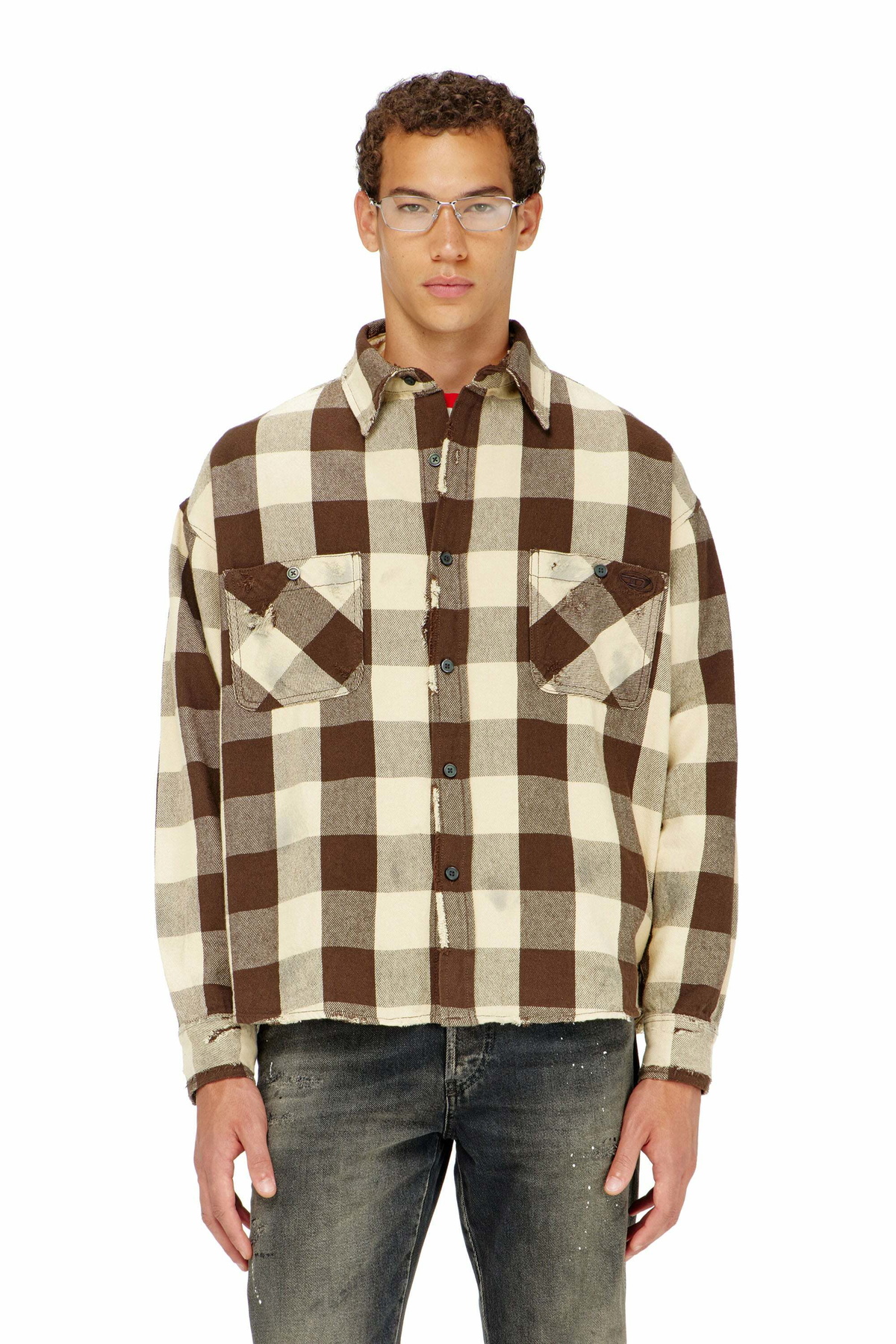 Diesel Check flannel shirt with distressed effect - Shirts Mens in Brown