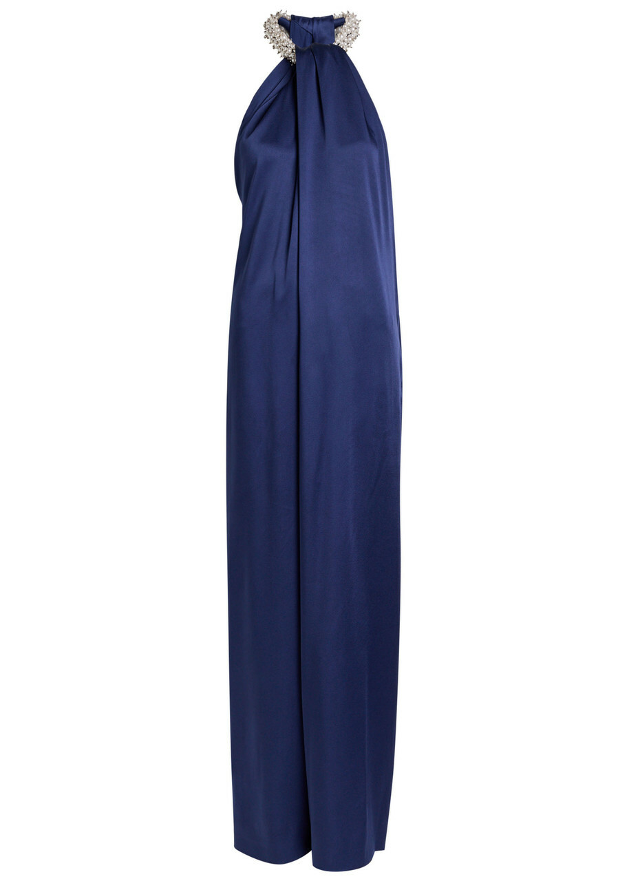 Stella Mccartney Draped Faux Pearl-embellished Satin Jumpsuit Navy