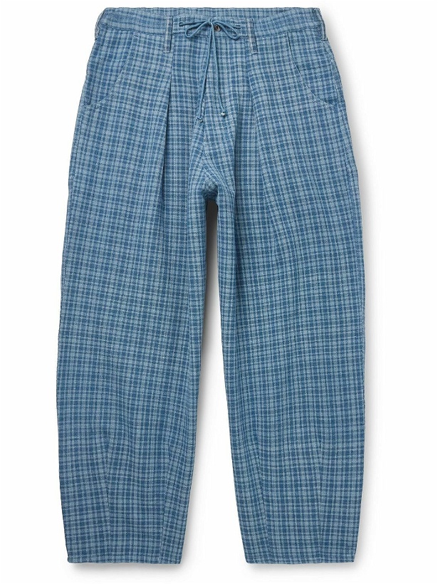 Photo: Story Mfg. - Lush Tapered Pleated Checked Organic Cotton Drawstring Trousers - Blue