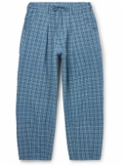 Story Mfg. - Lush Tapered Pleated Checked Organic Cotton Drawstring Trousers - Blue