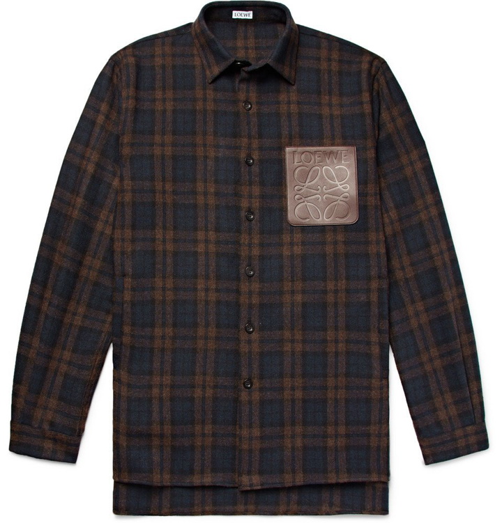 Photo: Loewe - Leather-Trimmed Checked Wool-Blend Overshirt - Men - Brown
