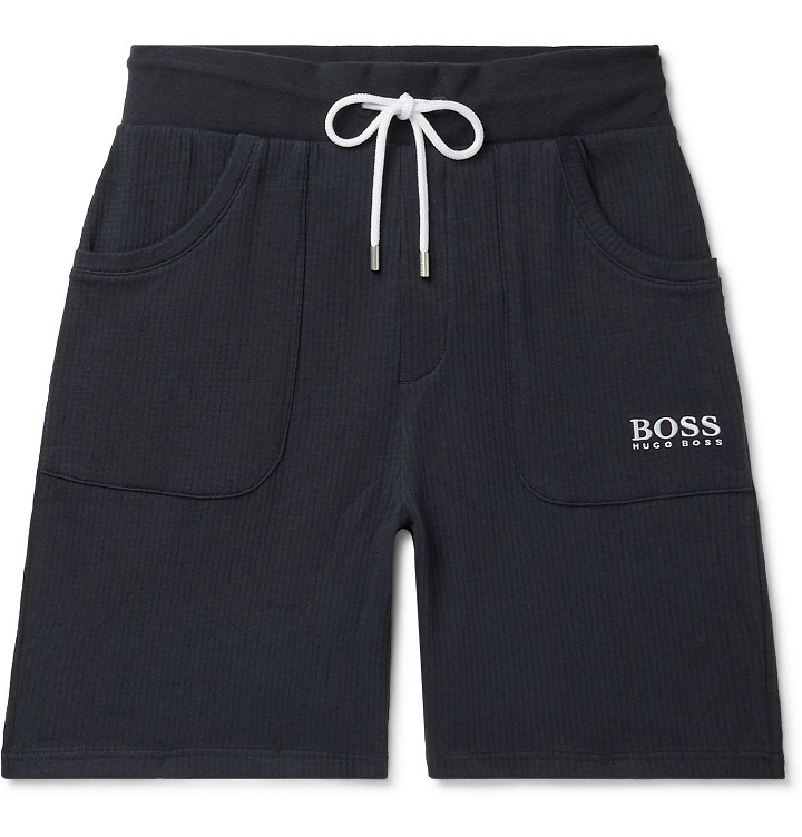 Photo: Hugo Boss - Logo-Embroidered Waffle-Knit Cotton-Jersey Drawstring Shorts - Blue