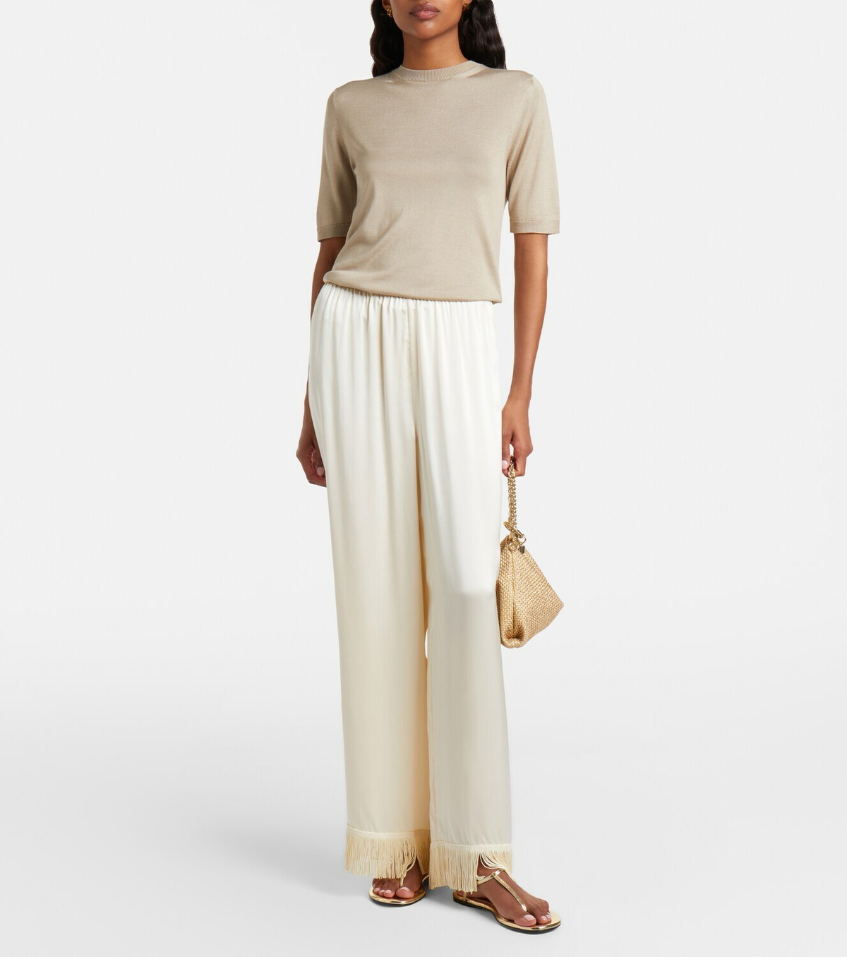 Dôen Lavon fringed silk satin wide-leg pants