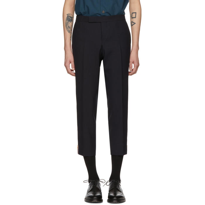 Photo: Thom Browne Navy Low-Rise Skinny Side Tab Trousers