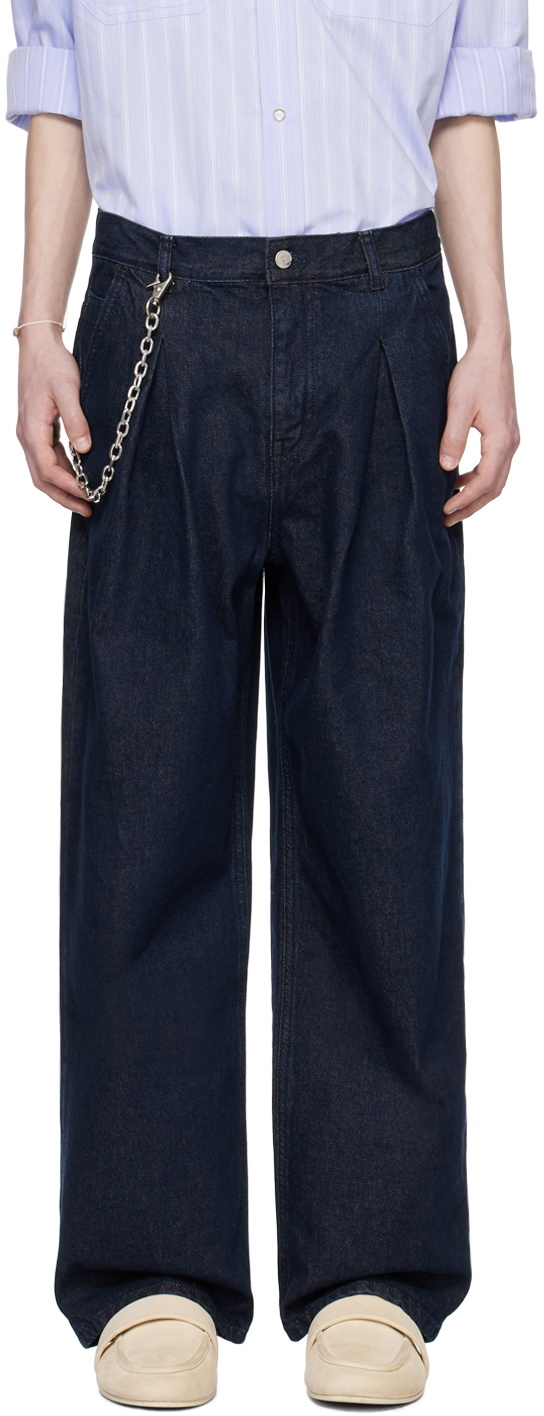 AFTER PRAY Navy Pleated Jeans