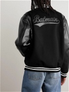 Balmain - Logo-Appliquéd Wool and Leather Varsity Jacket - Black