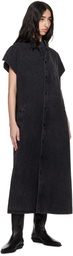 Y's Black 6oz Bleached Denim French Sleeve Shirt Maxi Dress