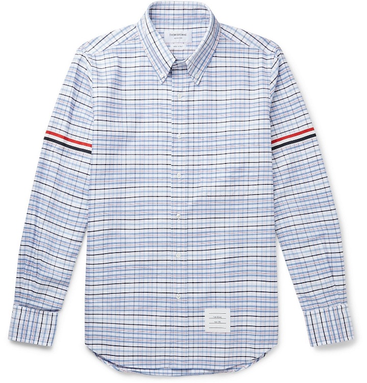 Photo: Thom Browne - Button-Down Collar Appliquéd Grosgrain-Trimmed Checked Supima Cotton Oxford Shirt - Blue