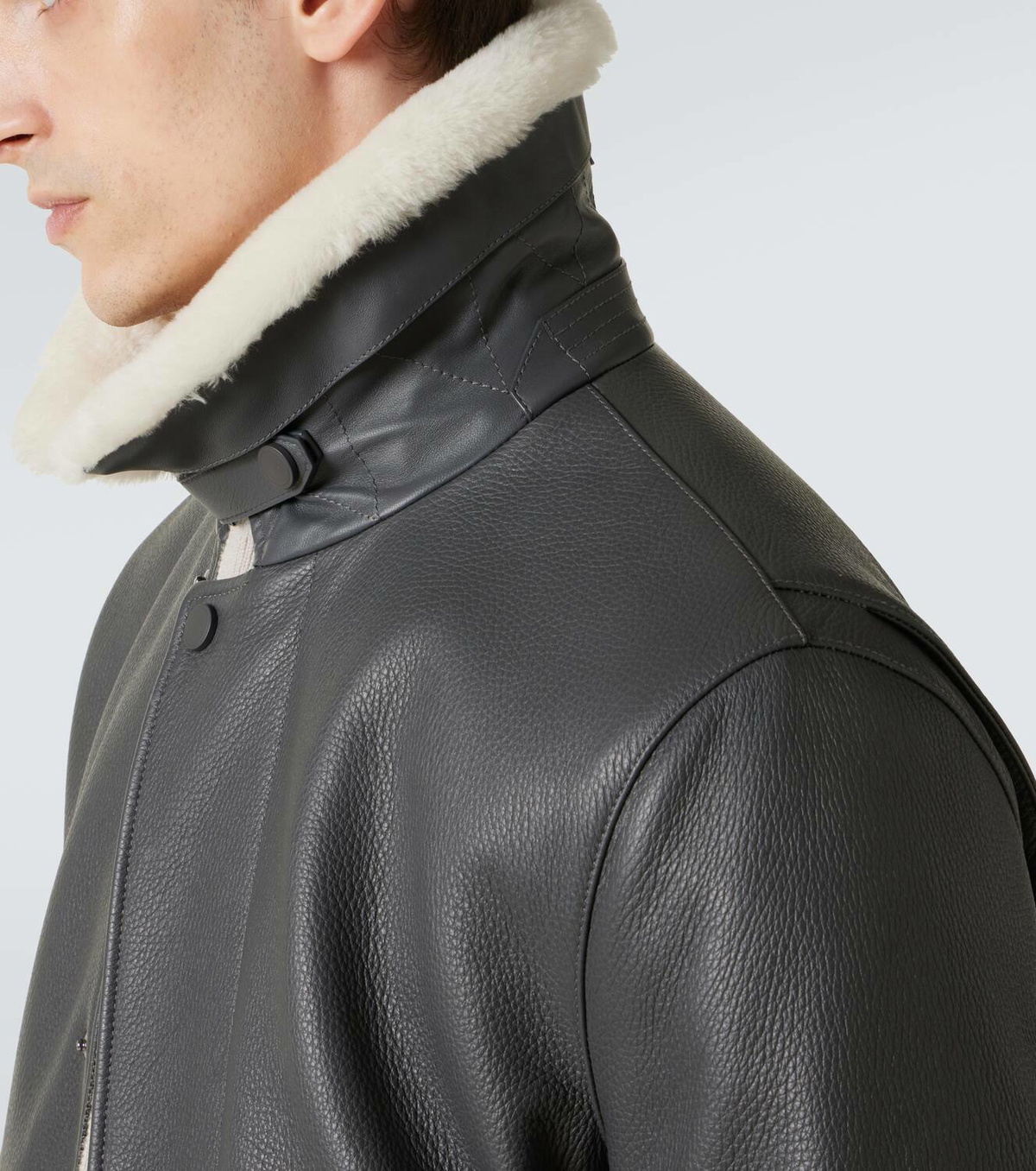 Brioni Shearling-trimmed leather bomber jacket