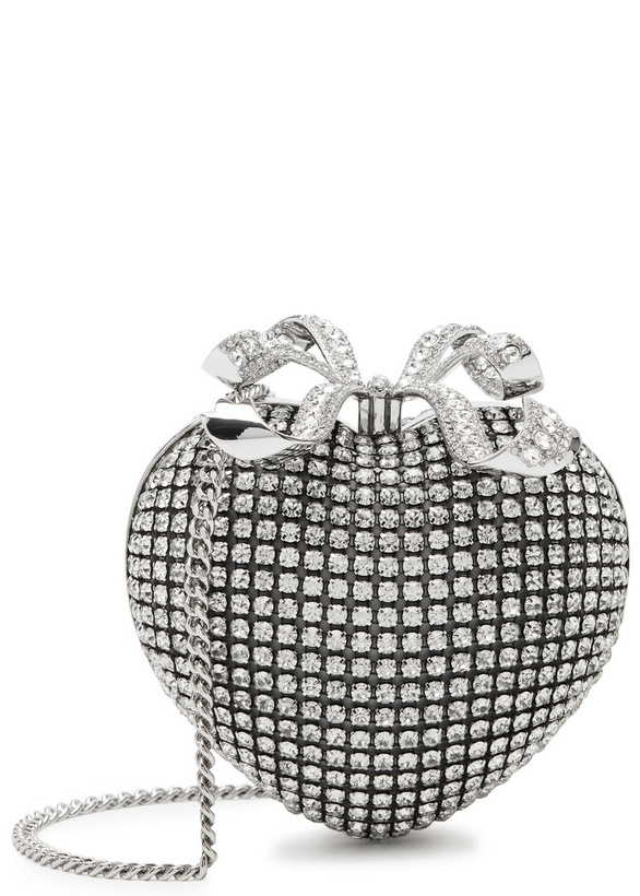Photo: Self-portrait Heart Crystal-embellished Satin Clutch - Silver - One Size