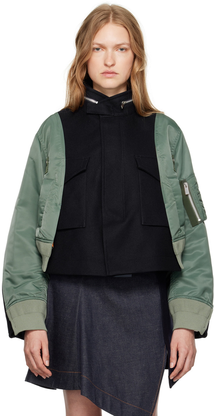 【SACAI】layered shell-paneled wool-blend bomber ジャケット Sacai - Shell Bomber Jacket - Brown Sacai