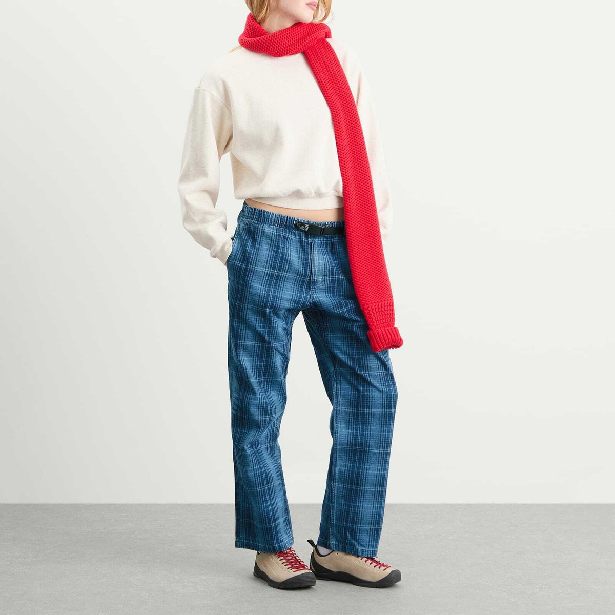 Gramicci Women's O.G Denim Plaid Pant in Indigo Checkered Plaid