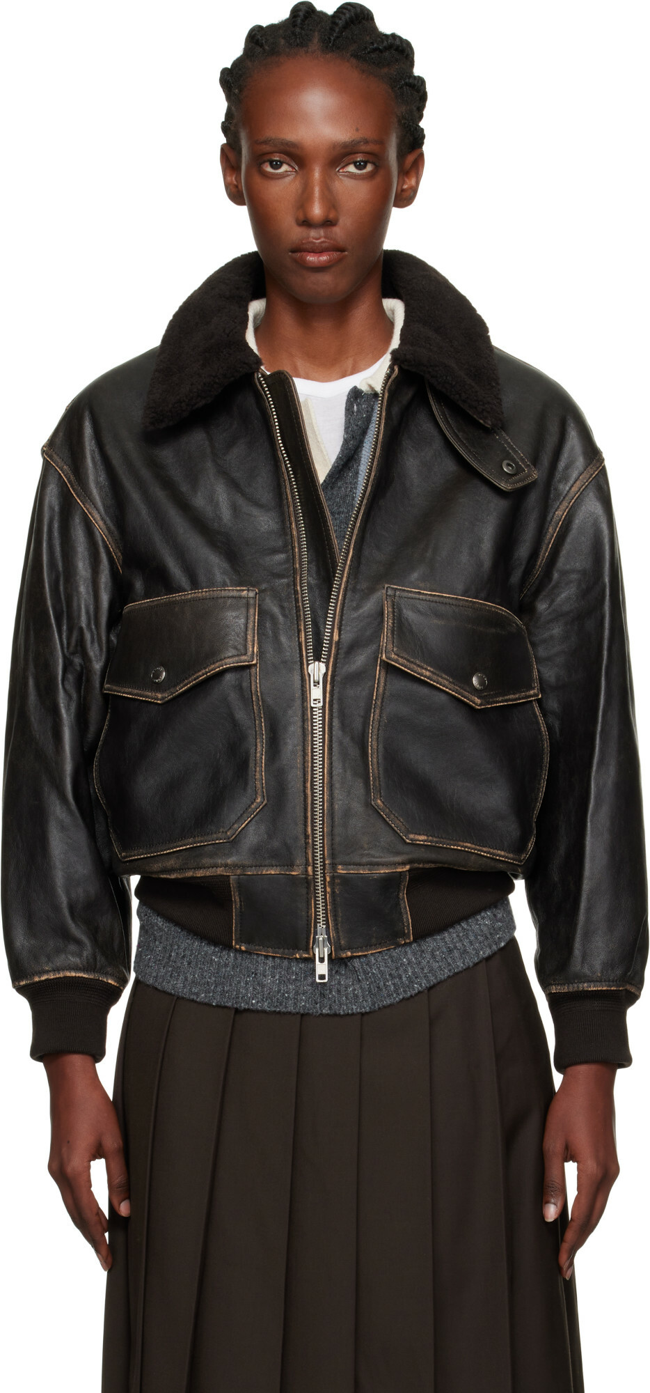 Dunst Brown A-2 Shearling Collared Leather Jacket