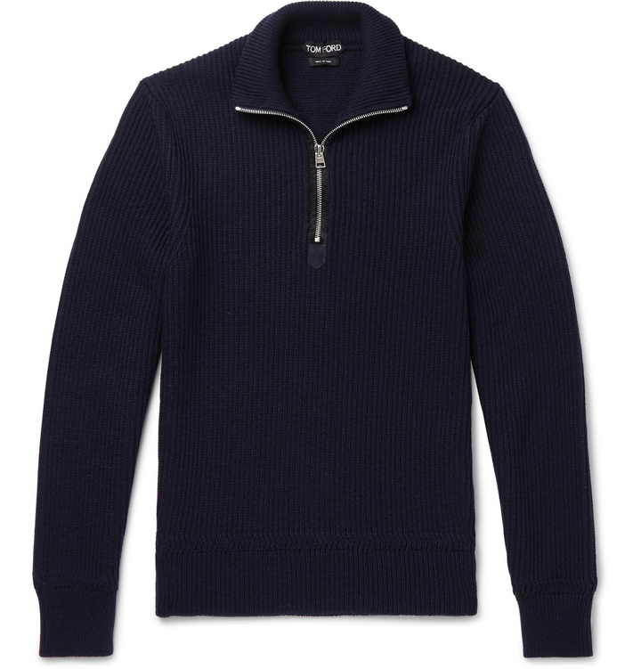 Photo: TOM FORD - Ribbed Wool and Cashmere-Blend Half-Zip Sweater - Blue