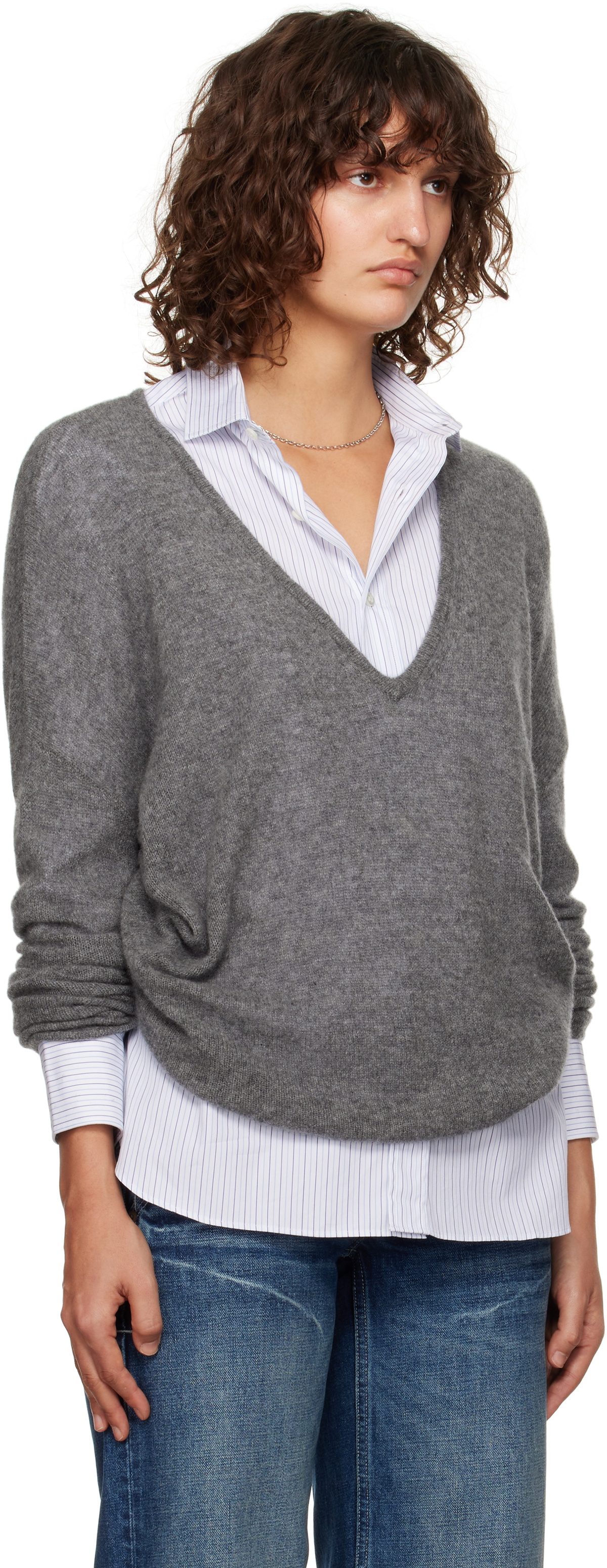 Fax Copy Express Gray Oversized V-Neck Sweater