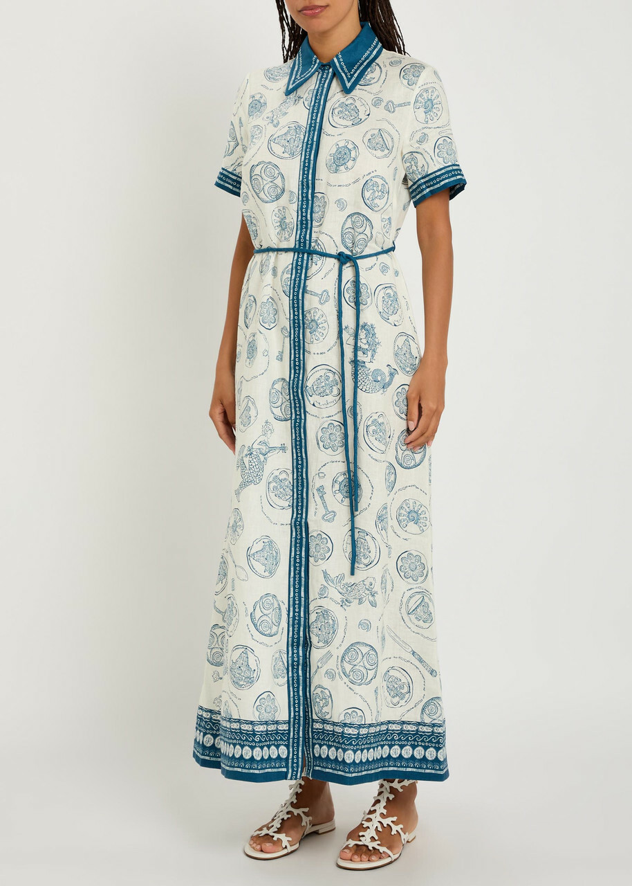 Alemais Lucky Printed Linen Midi Shirt Dress Ivory