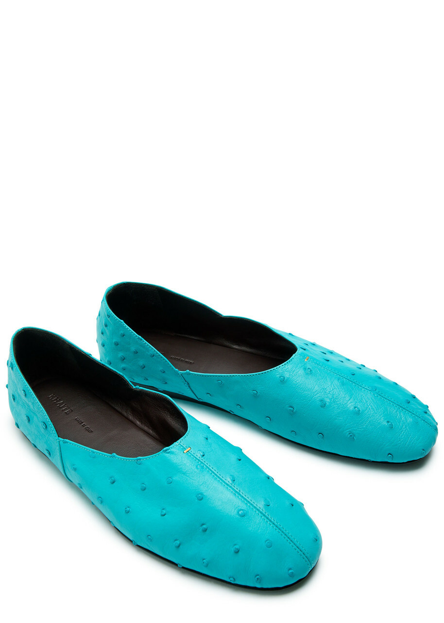 Khaite Jane Ostrich Leather Ballet Flats Light Blue